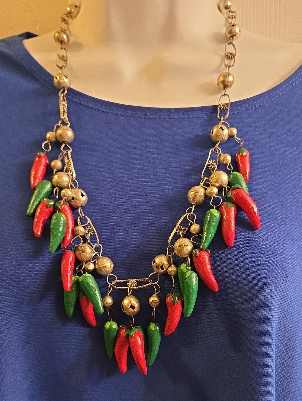 Festive Red and Green Chili Charm Wedding Necklace with Silver Plate Beads